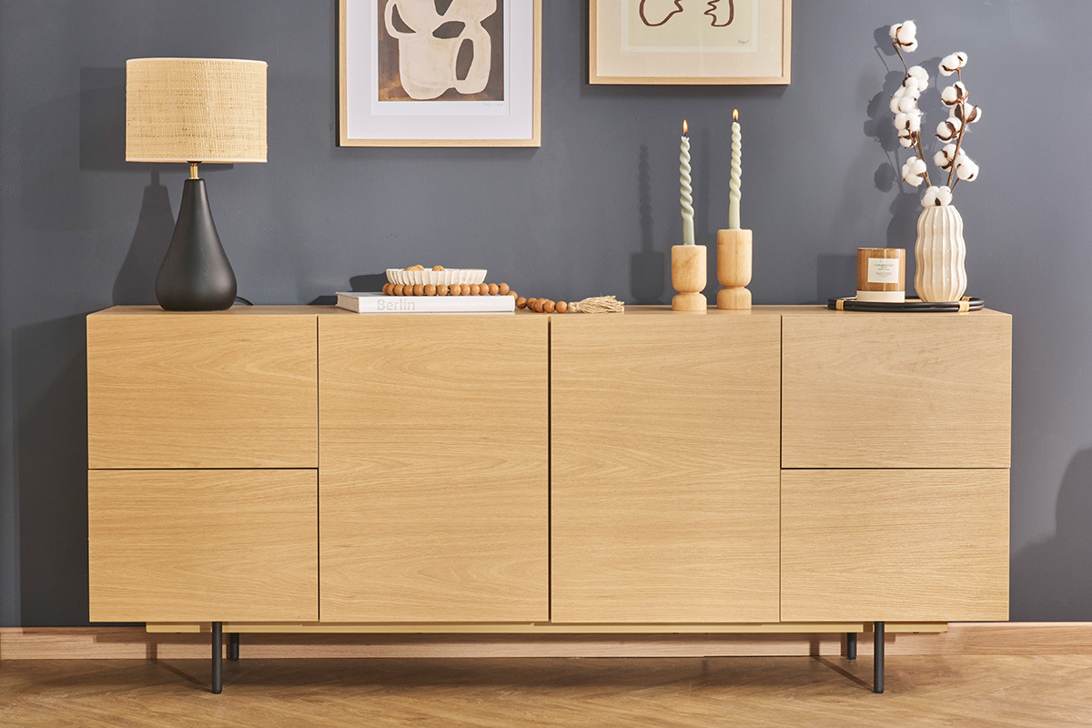 Credenza design finitura legno chiaro rovere e metallo nero 2 ante 4 cassetti L180 cm ALASKA