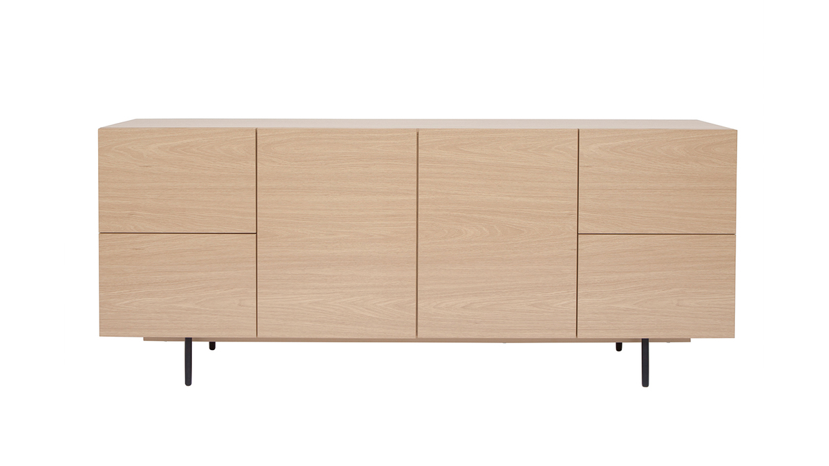 Credenza design finitura legno chiaro rovere e metallo nero 2 ante 4 cassetti L180 cm ALASKA