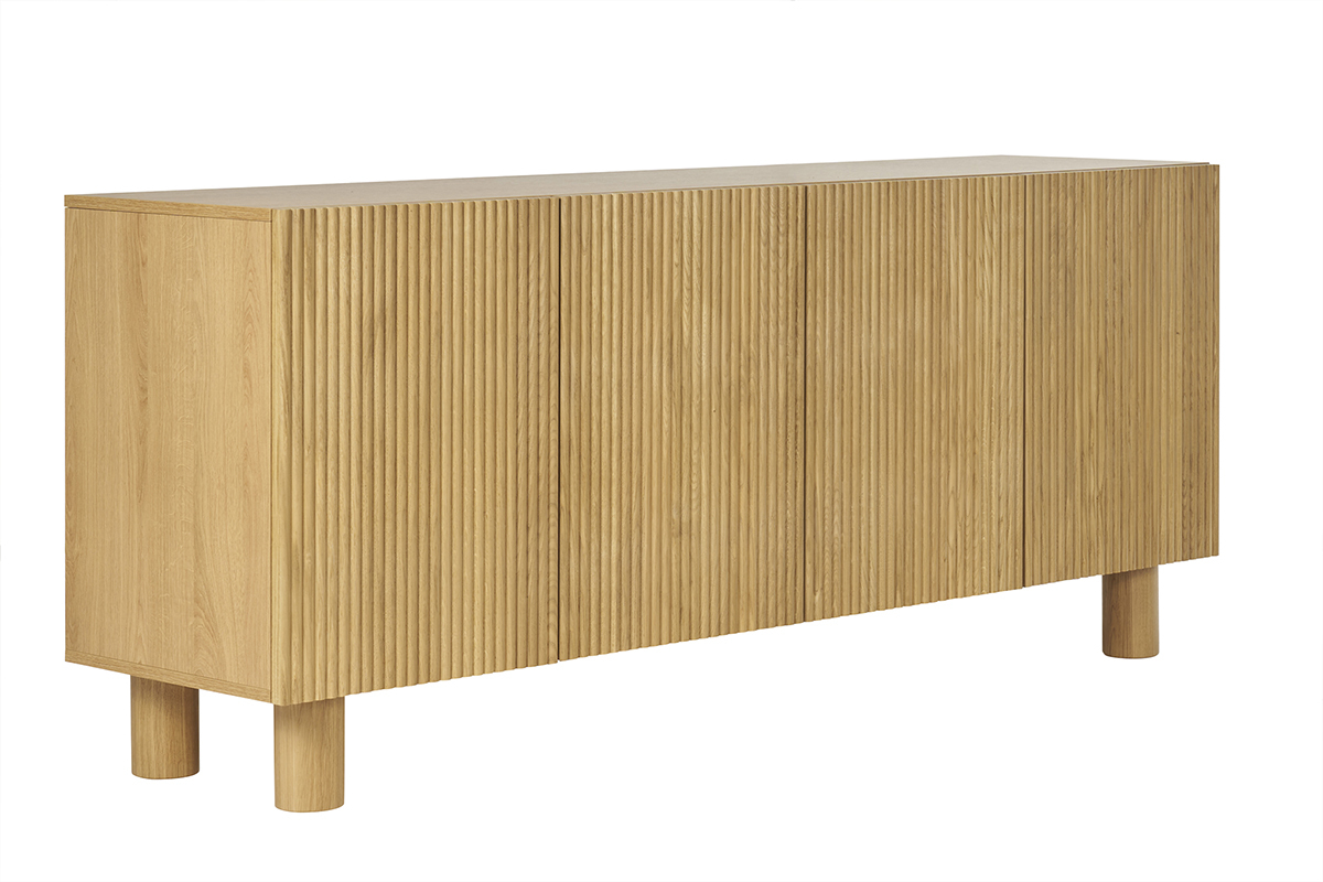 Credenza design in legno chiaro massello di rovere con incisioni 4 ante L180 cm GOSHI