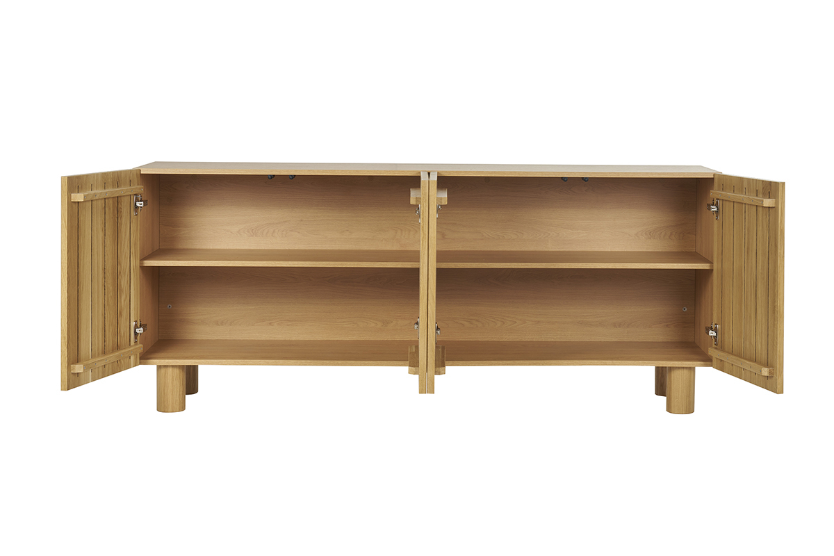 Credenza design in legno chiaro massello di rovere con incisioni 4 ante L180 cm GOSHI