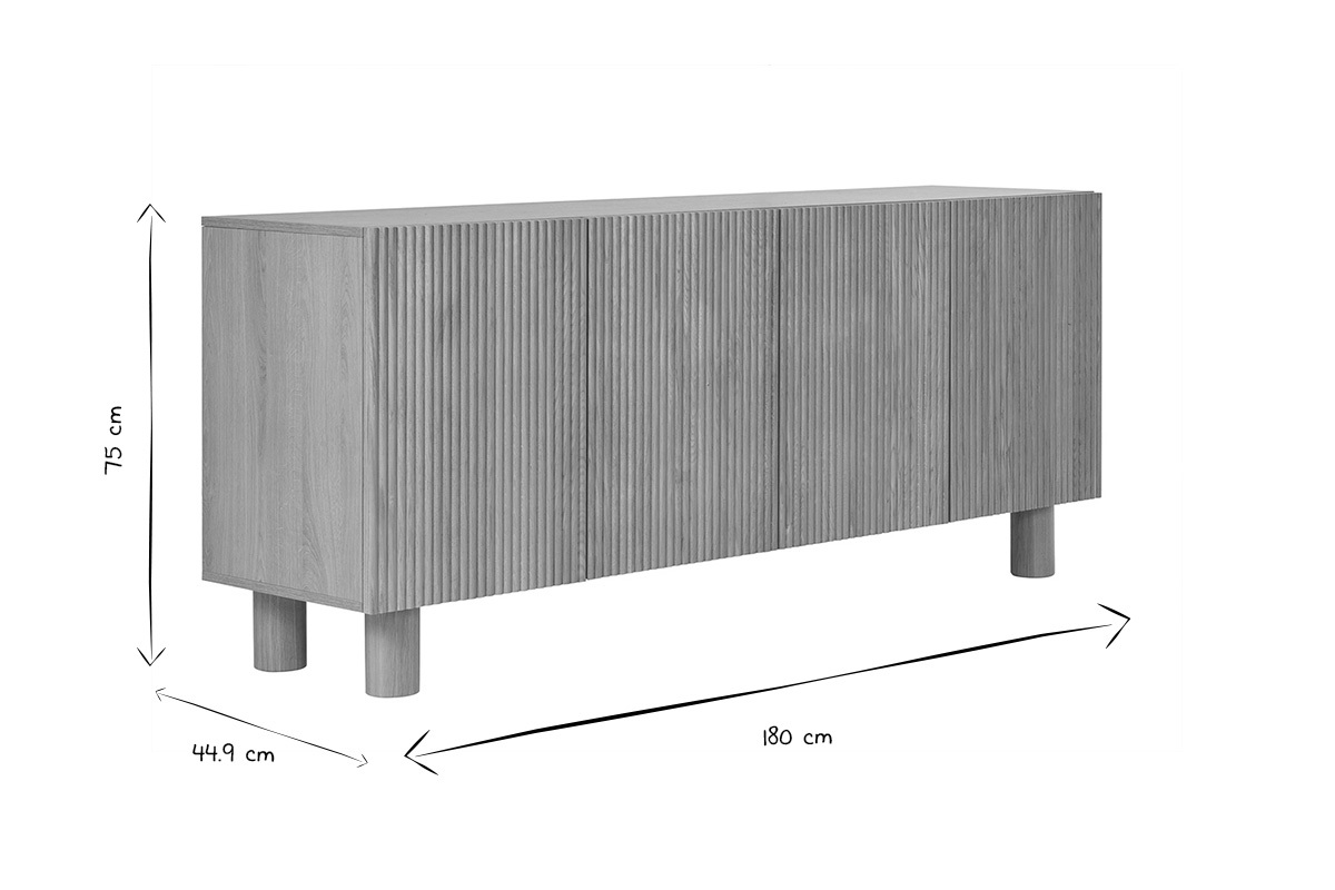 Credenza design in legno chiaro massello di rovere con incisioni 4 ante L180 cm GOSHI