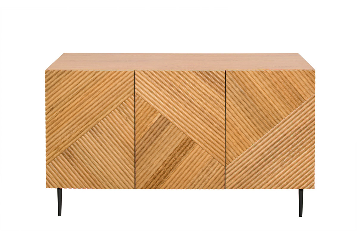 Credenza design in legno chiaro massello di rovere con incisioni e metallo nero 3 ante L135 cm ARCHIPEL