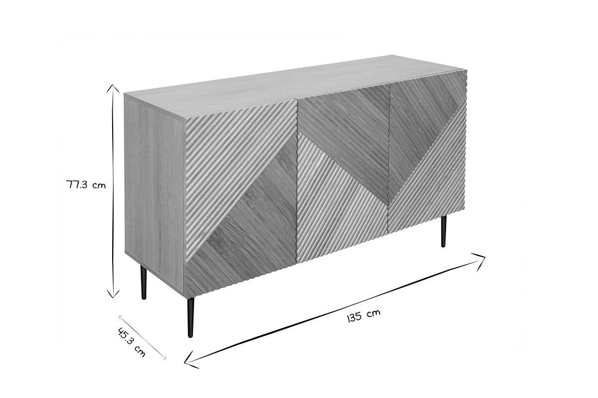 Credenza design in legno chiaro massello di rovere con incisioni e metallo nero 3 ante L135 cm ARCHIPEL