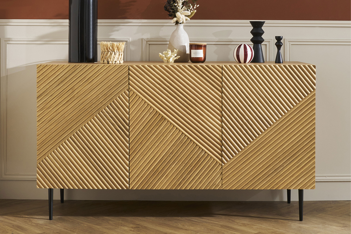 Credenza design in legno chiaro massello di rovere con incisioni e metallo nero 3 ante L135 cm ARCHIPEL