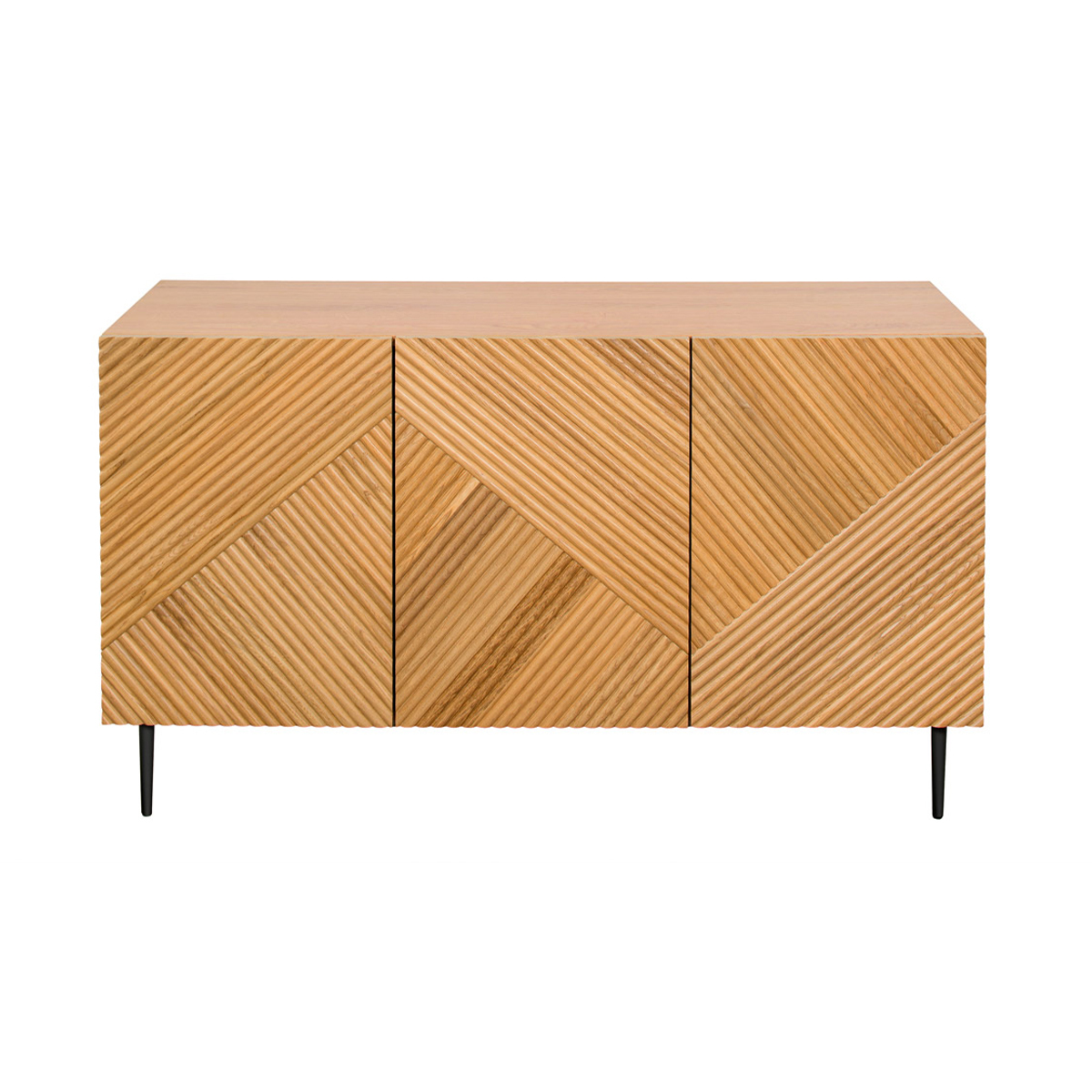 Credenza design in legno chiaro massello di rovere con incisioni e metallo nero 3 ante L135 cm ARCHIPEL