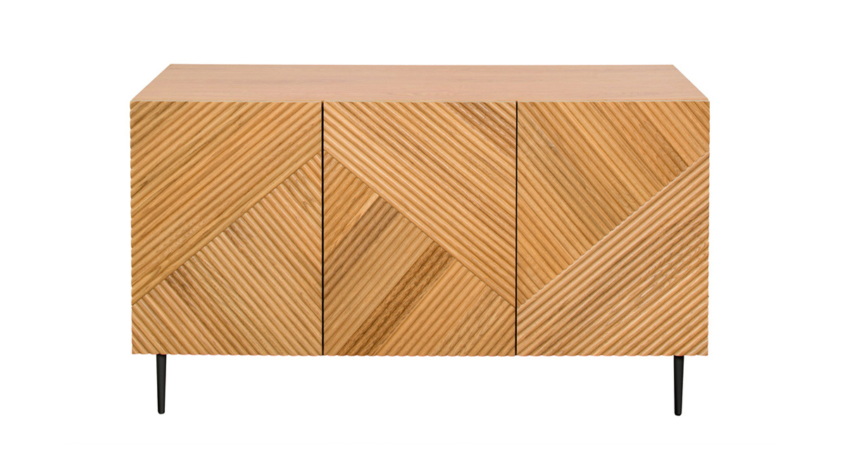 Credenza design in legno chiaro massello di rovere con incisioni e metallo nero 3 ante L135 cm ARCHIPEL