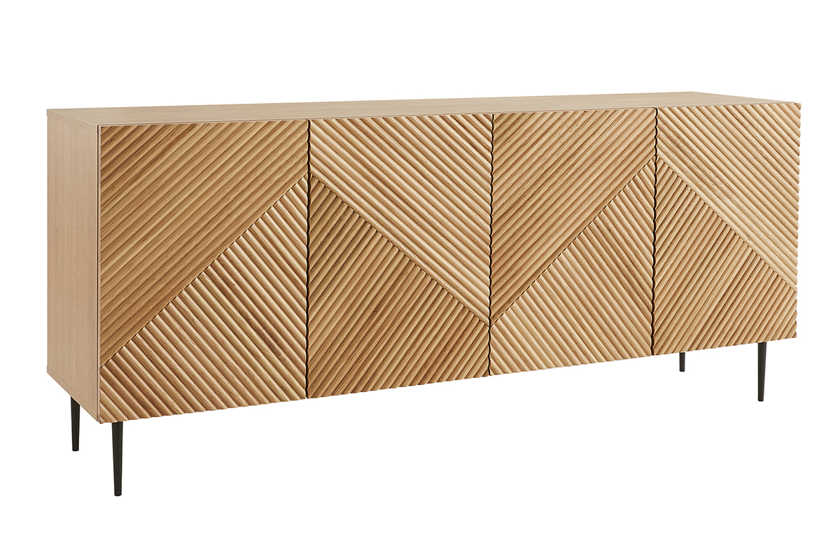 Credenza design in legno massello di rovere chiaro con incisioni e metallo nero 4 ante L180 cm ARCHIPEL