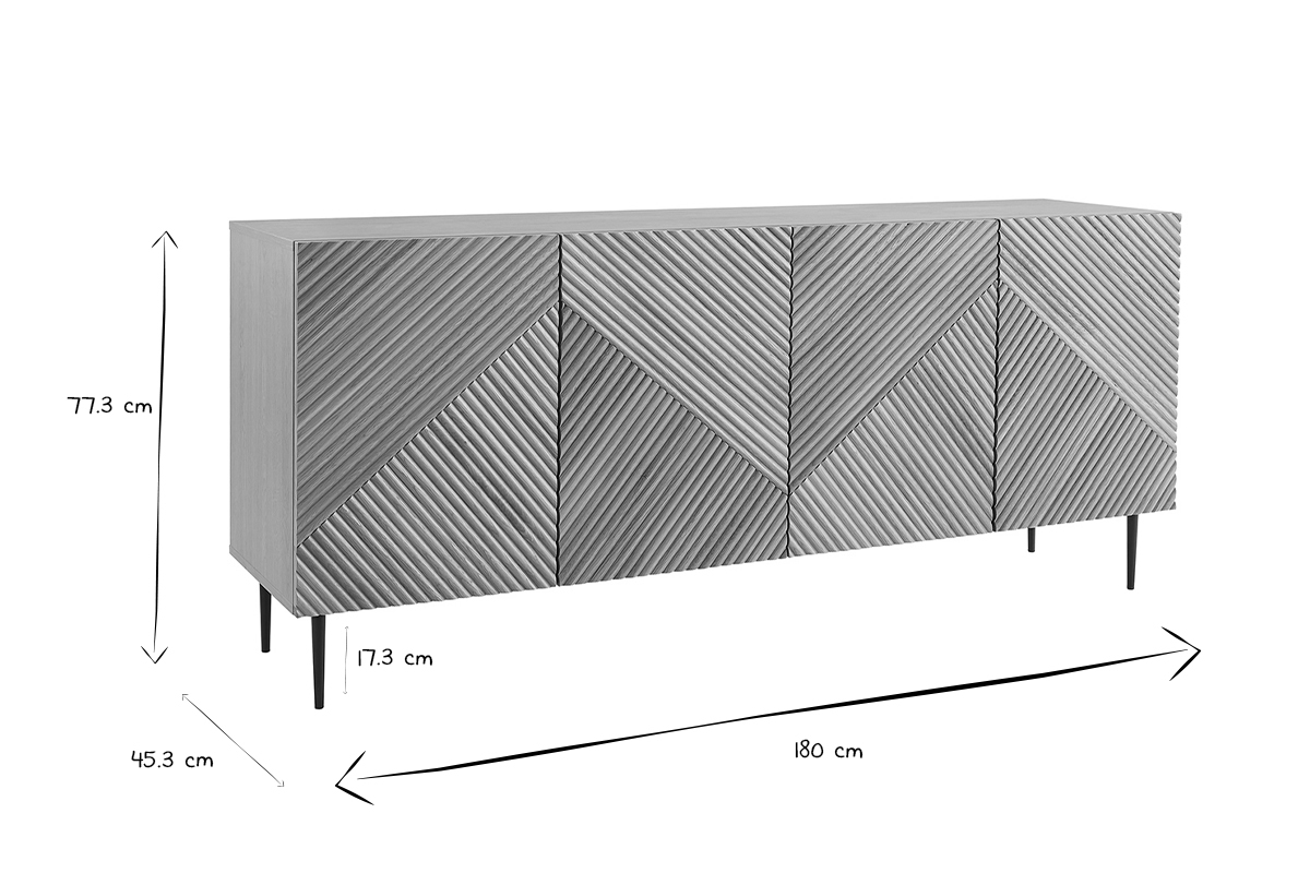 Credenza design in legno massello di rovere chiaro con incisioni e metallo nero 4 ante L180 cm ARCHIPEL