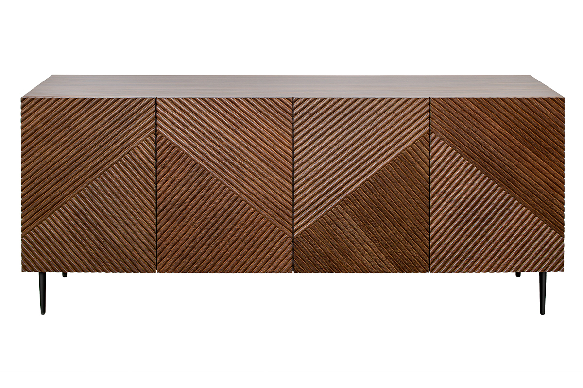 Credenza design in legno scuro massello di rovere chiaro con incisioni e metallo nero 4 ante L180 cm ARCHIPEL