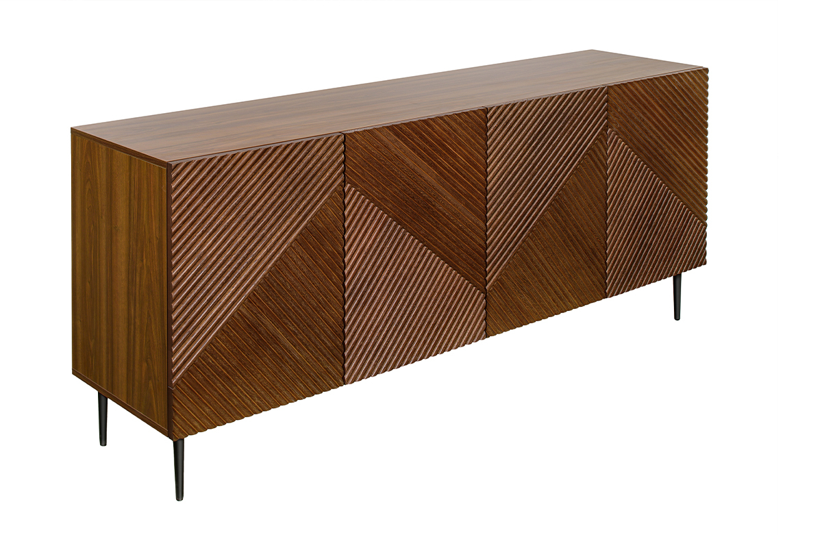 Credenza design in legno scuro massello di rovere chiaro con incisioni e metallo nero 4 ante L180 cm ARCHIPEL