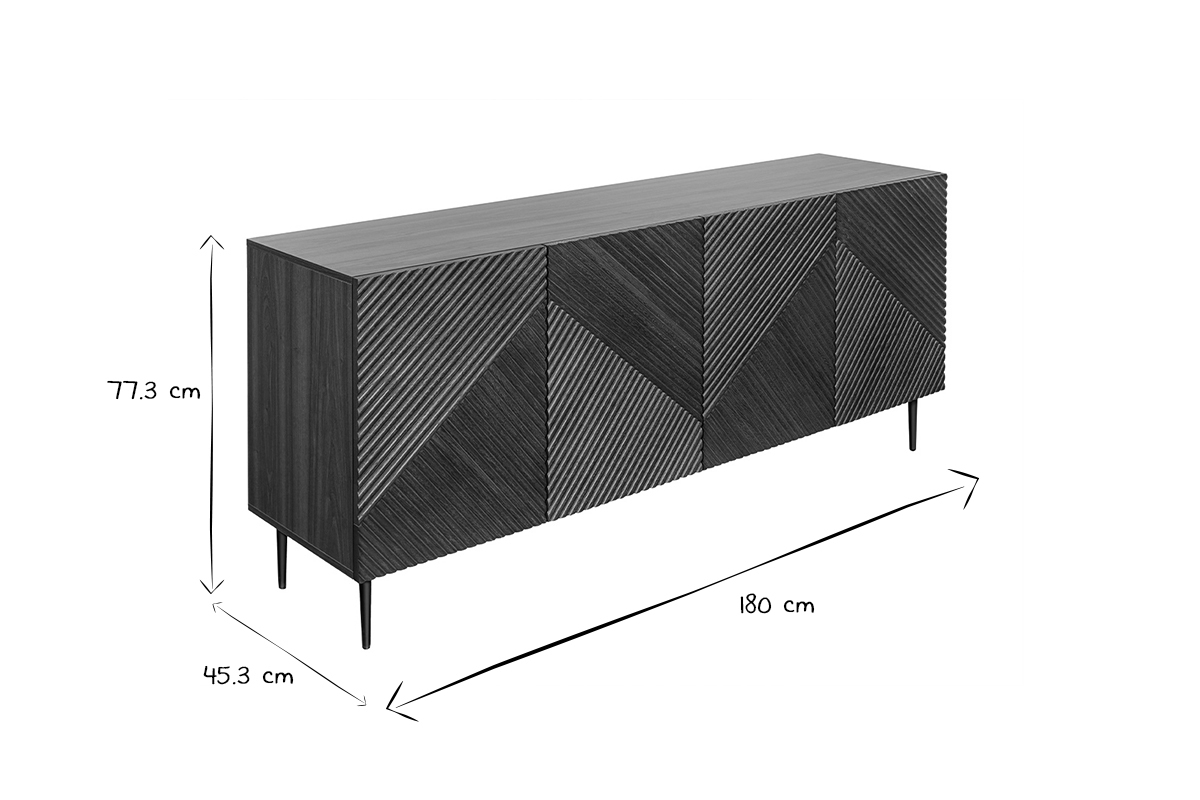 Credenza design in legno scuro massello di rovere chiaro con incisioni e metallo nero 4 ante L180 cm ARCHIPEL