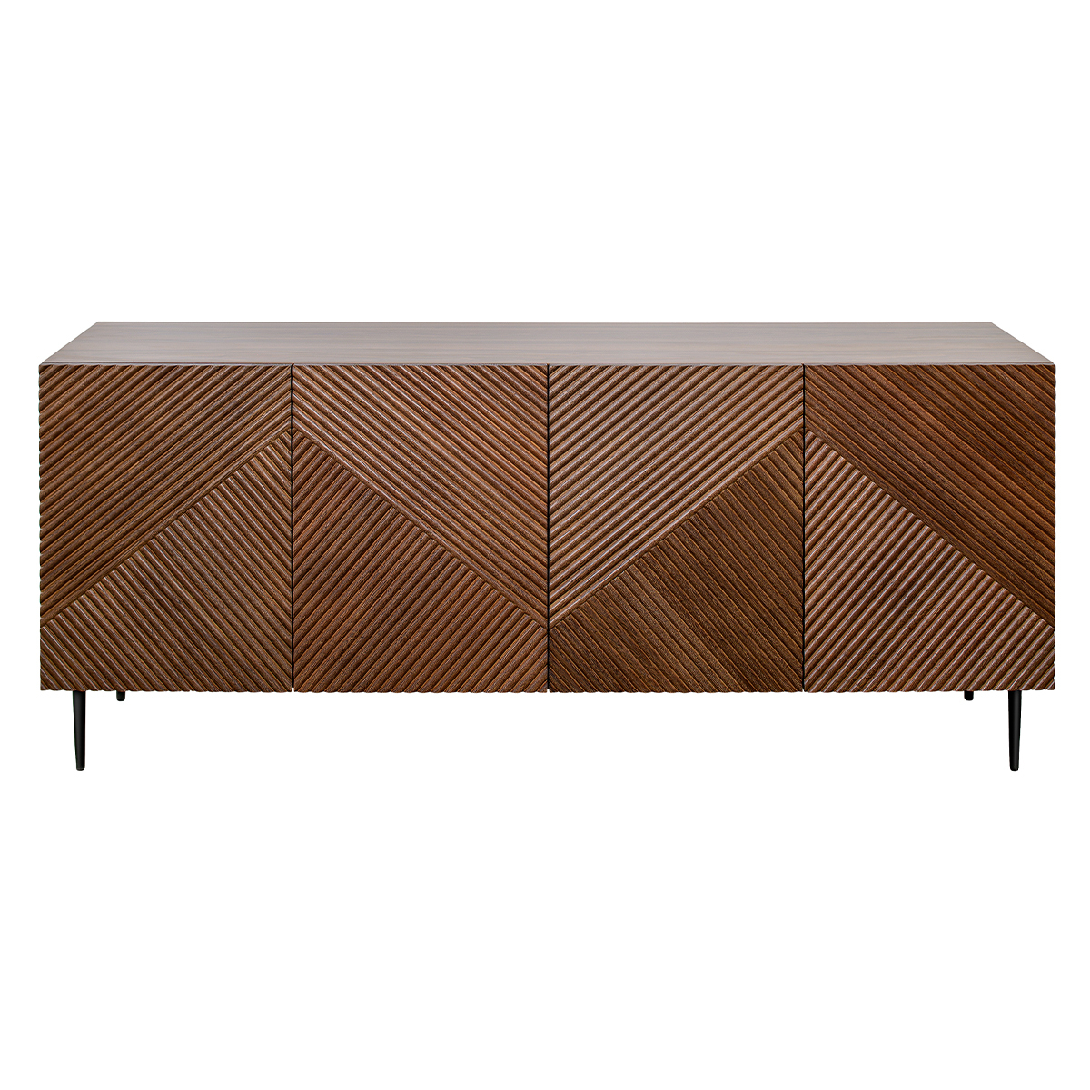 Credenza design in legno scuro massello di rovere chiaro con incisioni e metallo nero 4 ante L180 cm ARCHIPEL