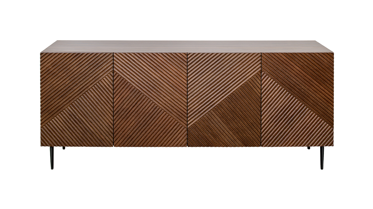 Credenza design in legno scuro massello di rovere chiaro con incisioni e metallo nero 4 ante L180 cm ARCHIPEL