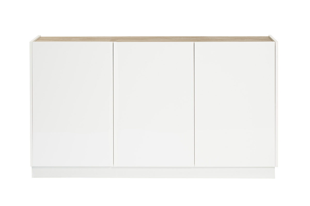 Credenza design laccato bianco lucido e legno chiaro 3 ante L155 cm NELIO