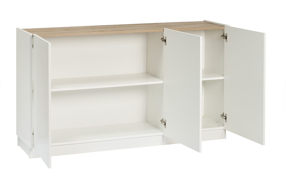 Credenza design laccato bianco lucido e legno chiaro 3 ante L155 cm NELIO