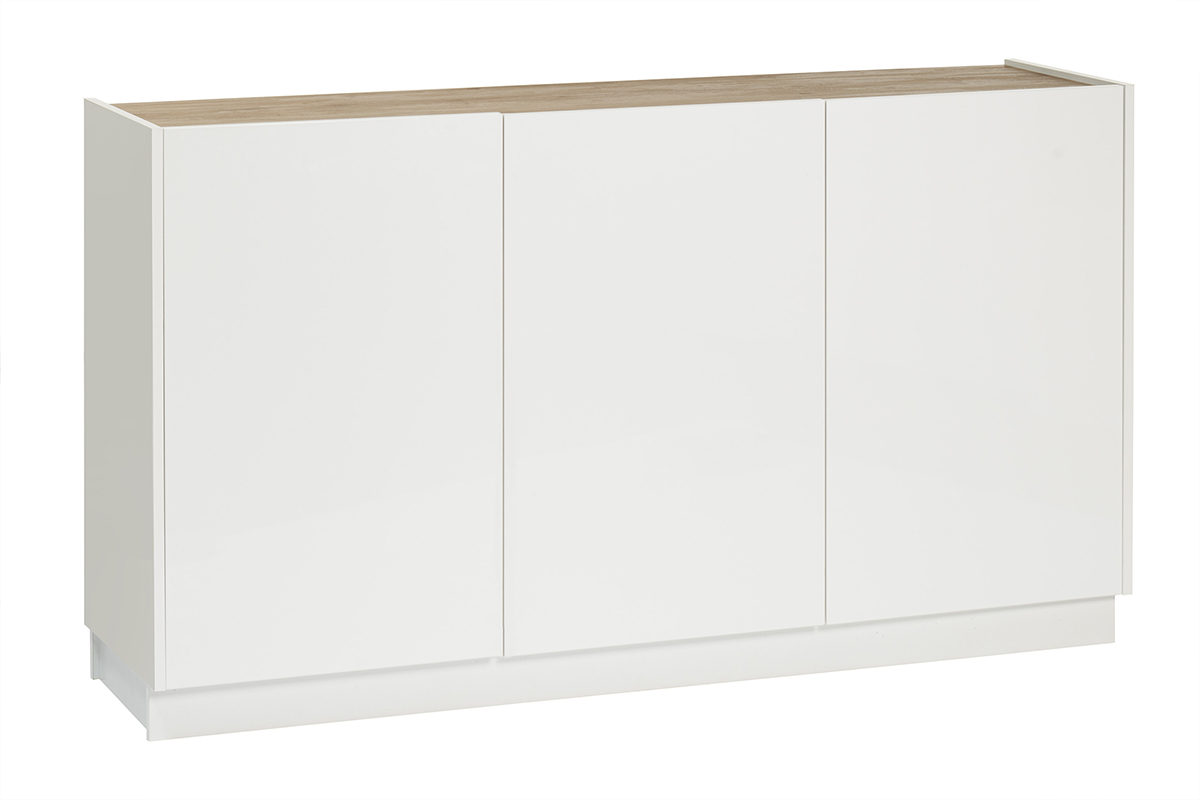 Credenza design laccato bianco lucido e legno chiaro 3 ante L155 cm NELIO