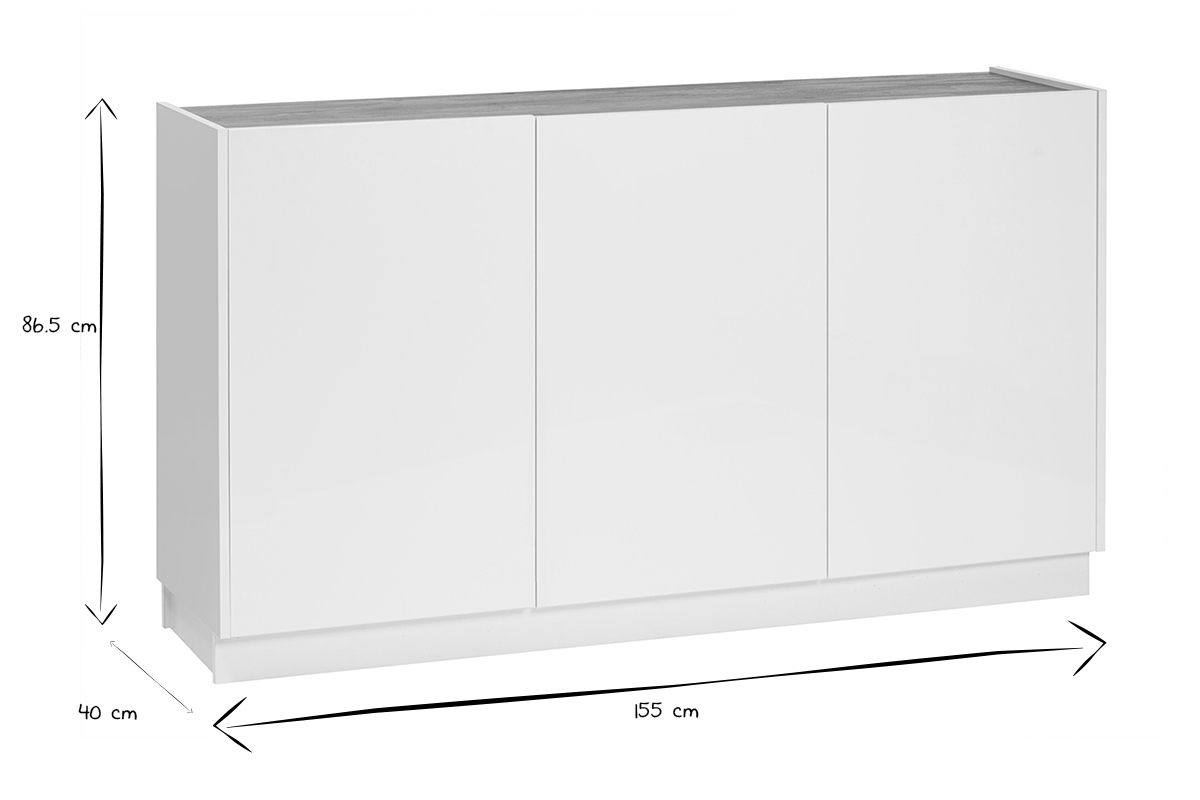 Credenza design laccato bianco lucido e legno chiaro 3 ante L155 cm NELIO