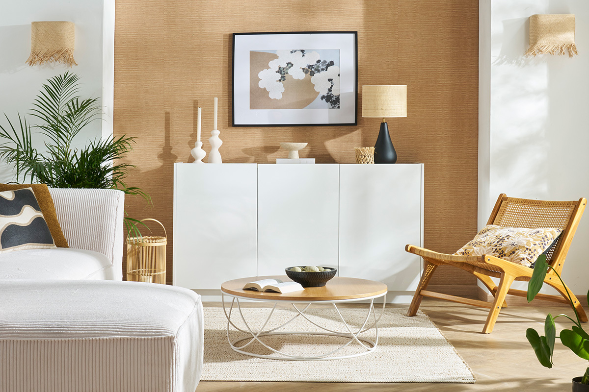 Credenza design laccato bianco lucido e legno chiaro 3 ante L155 cm NELIO