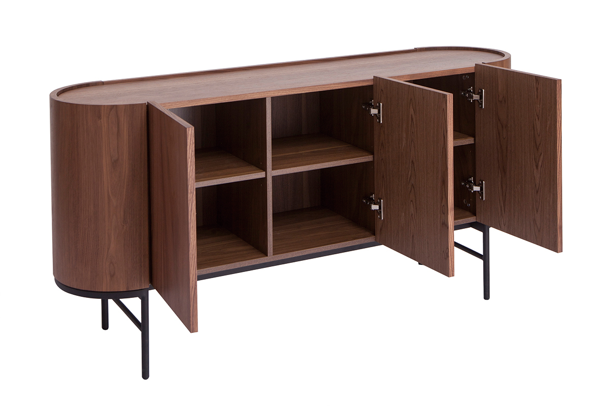 Credenza design legno scuro noce e metallo nero 3 ante L160 cm SKYE