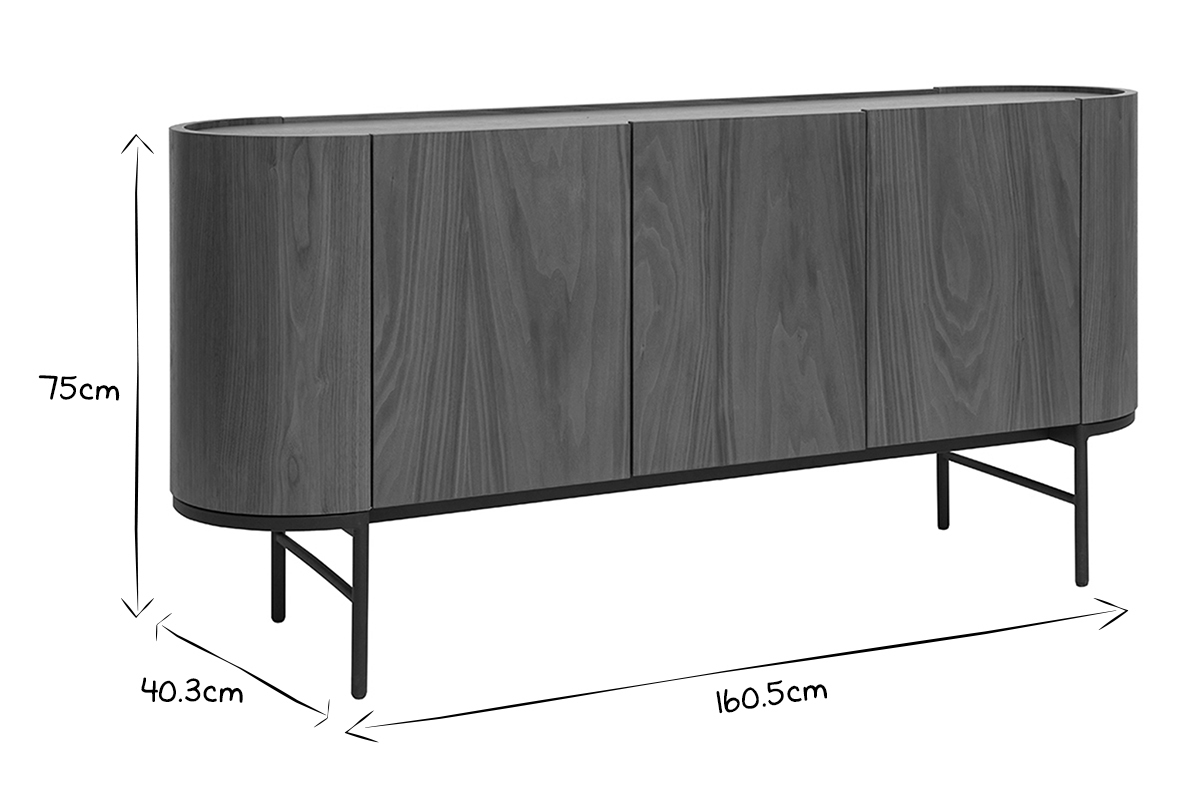 Credenza design legno scuro noce e metallo nero 3 ante L160 cm SKYE