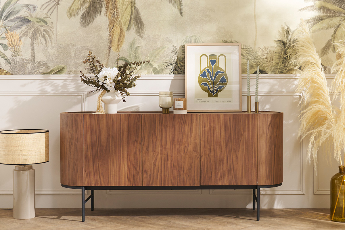 Credenza design legno scuro noce e metallo nero 3 ante L160 cm SKYE