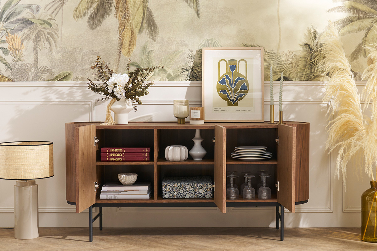 Credenza design legno scuro noce e metallo nero 3 ante L160 cm SKYE