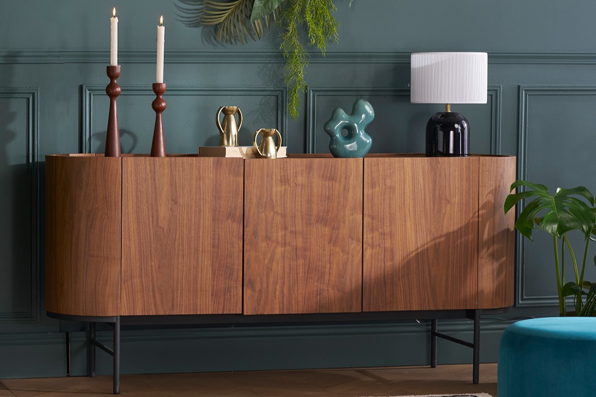 Credenza design legno scuro noce e metallo nero 3 ante L160 cm SKYE