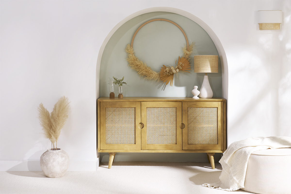 Credenza in legno di mango e motivo a intreccio rattan 3 ante L145 cm LAKA