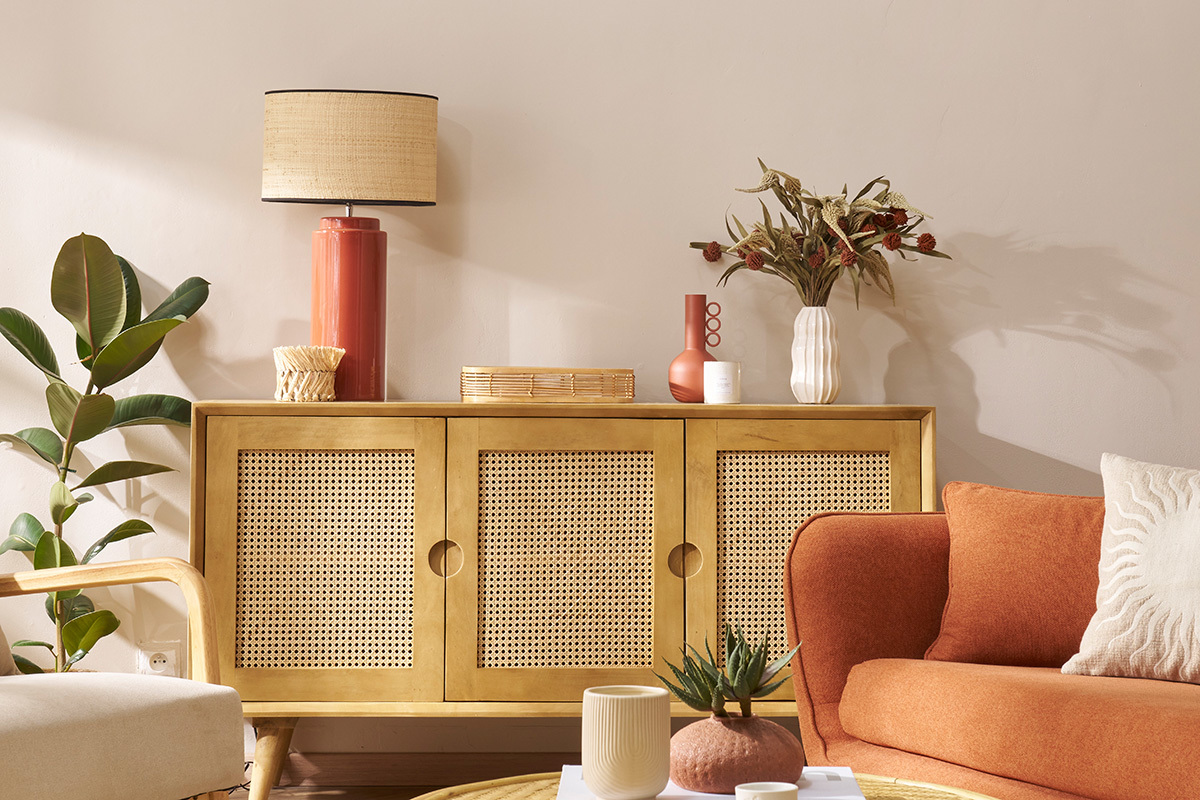 Credenza in legno di mango e motivo a intreccio rattan 3 ante L145 cm LAKA