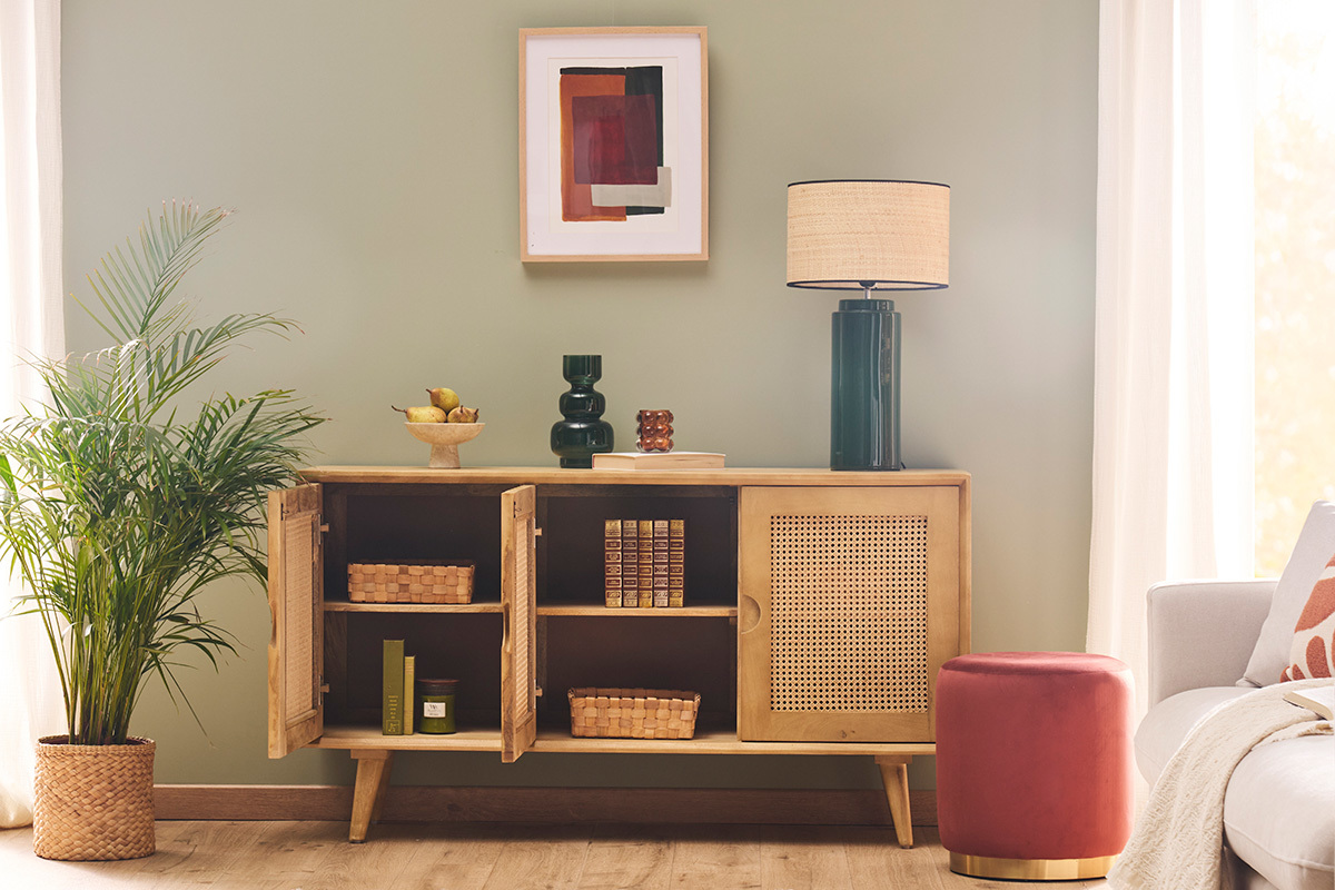 Credenza in legno di mango e motivo a intreccio rattan 3 ante L145 cm LAKA