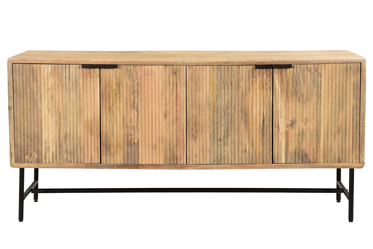 Credenza in legno massello di mango con incisioni e metallo nero 4 ante L160 cm MORISSON