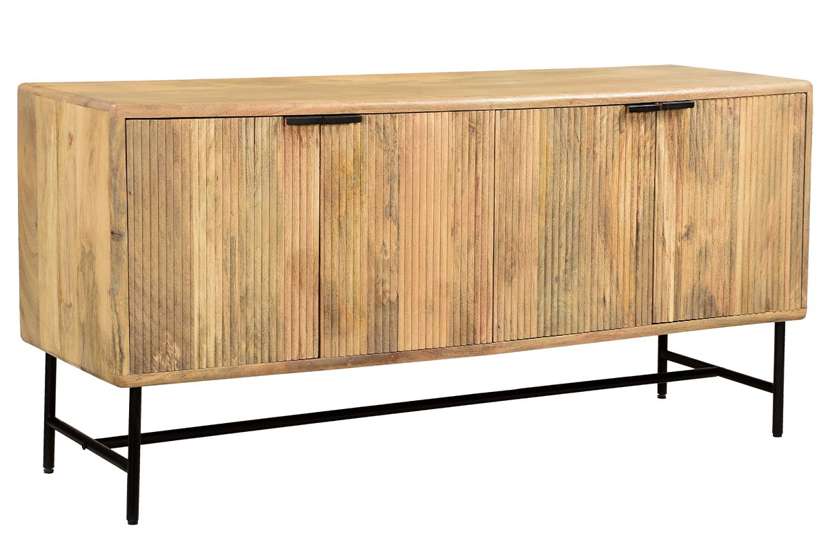 Credenza in legno massello di mango con incisioni e metallo nero 4 ante L160 cm MORISSON