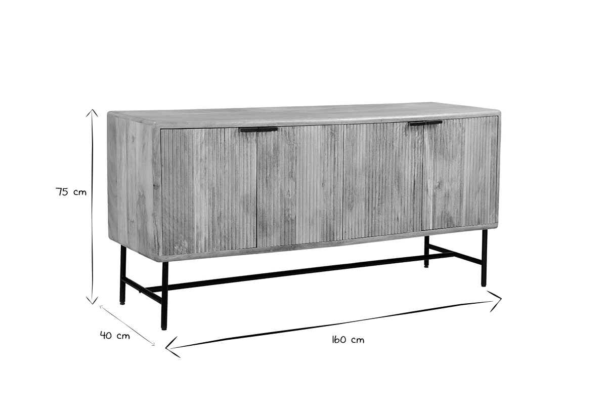 Credenza in legno massello di mango con incisioni e metallo nero 4 ante L160 cm MORISSON