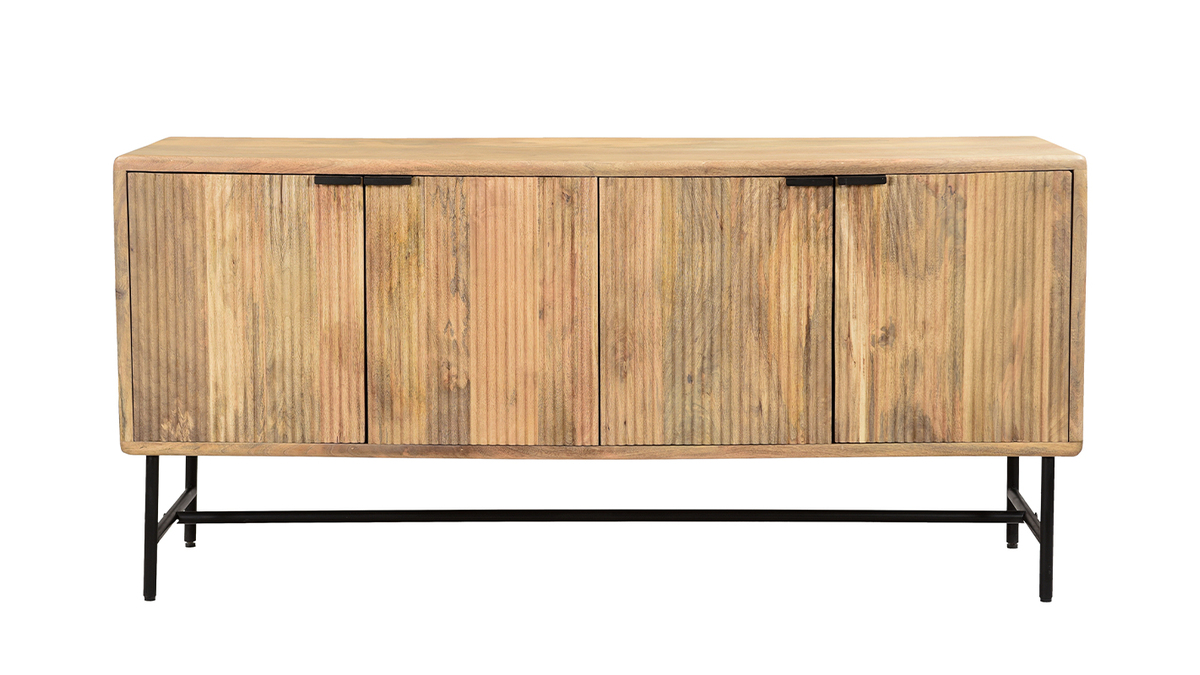 Credenza in legno massello di mango con incisioni e metallo nero 4 ante L160 cm MORISSON