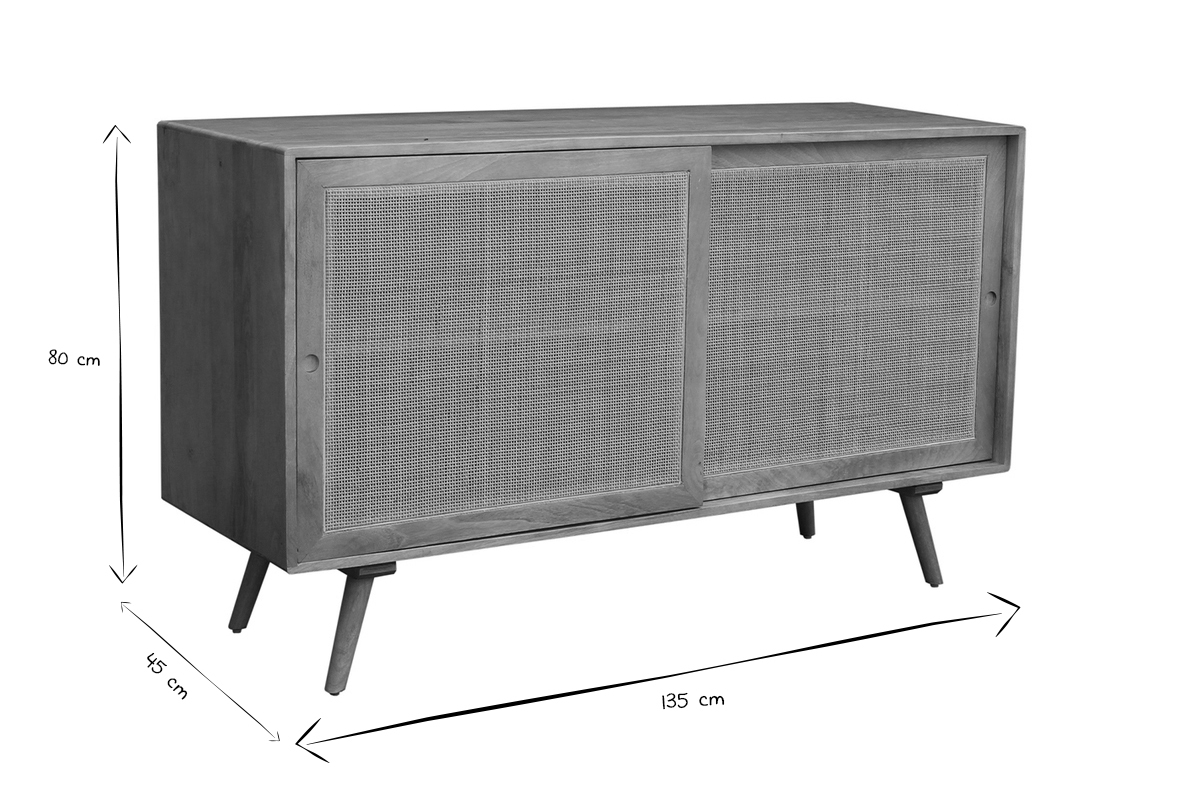 Credenza in legno massello di mango e motivo a intreccio in rattan 2 ante scorrevoli L135 cm ACANGE