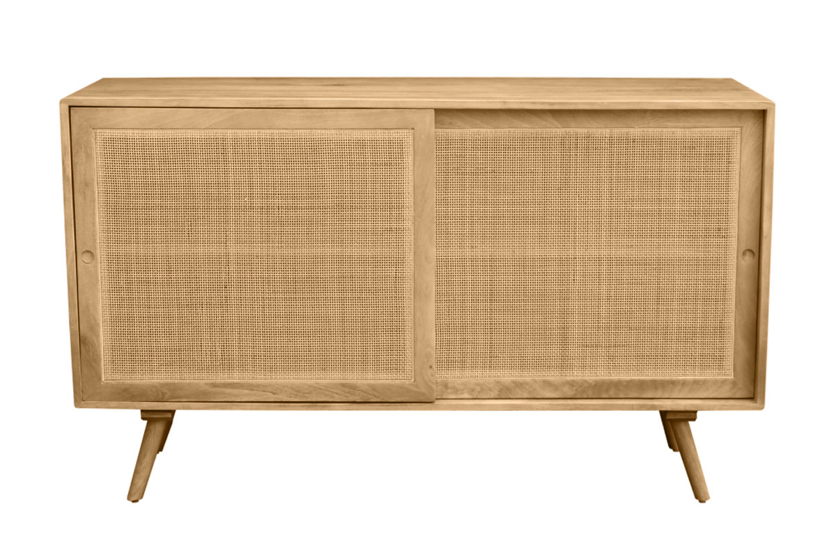 Credenza in legno massello di mango e motivo a intreccio in rattan 2 ante scorrevoli L135 cm ACANGE