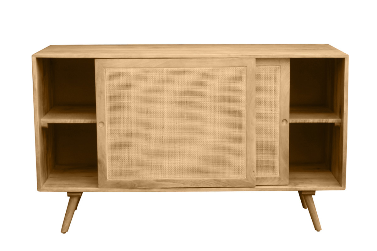 Credenza in legno massello di mango e motivo a intreccio in rattan 2 ante scorrevoli L135 cm ACANGE