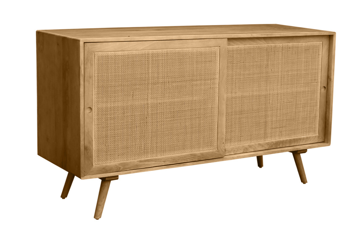 Credenza in legno massello di mango e motivo a intreccio in rattan 2 ante scorrevoli L135 cm ACANGE