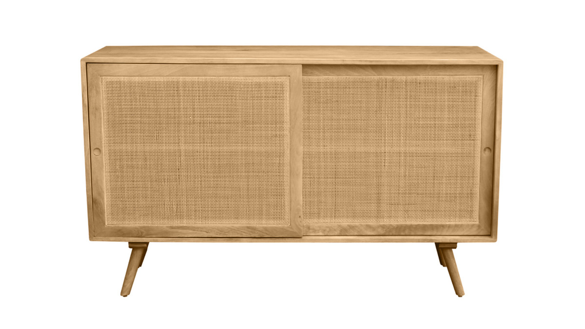 Credenza in legno massello di mango e motivo a intreccio in rattan 2 ante scorrevoli L135 cm ACANGE