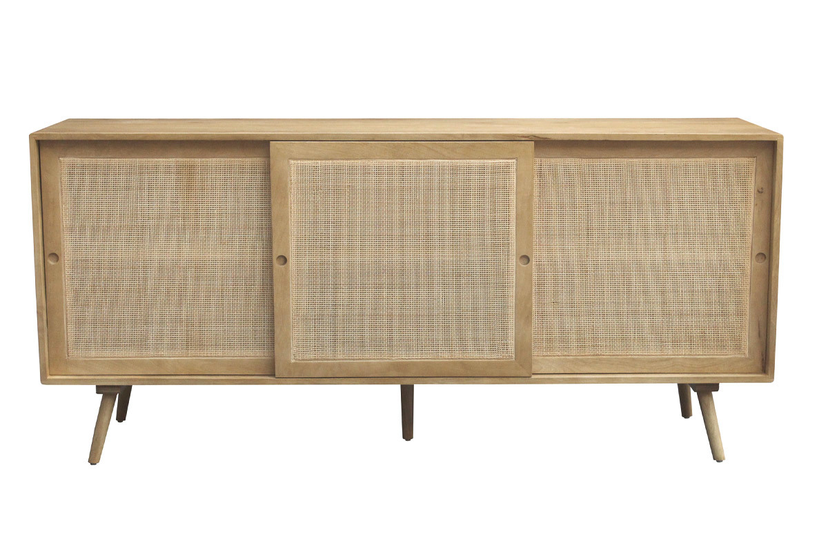 Credenza in legno massello di mango e motivo a intreccio in rattan 3 ante scorrevoli L180 cm ACANGE