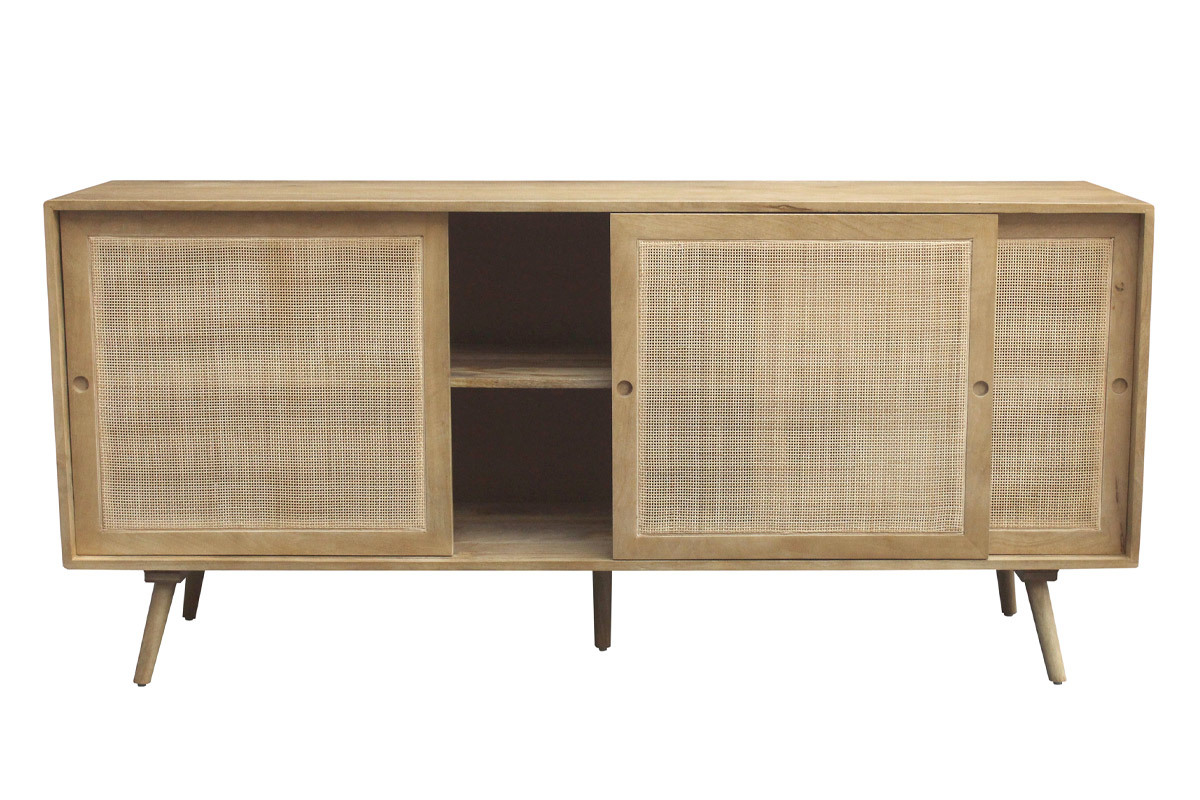 Credenza in legno massello di mango e motivo a intreccio in rattan 3 ante scorrevoli L180 cm ACANGE