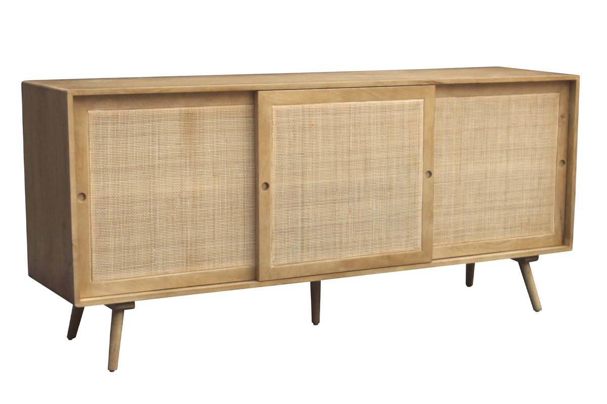 Credenza in legno massello di mango e motivo a intreccio in rattan 3 ante scorrevoli L180 cm ACANGE