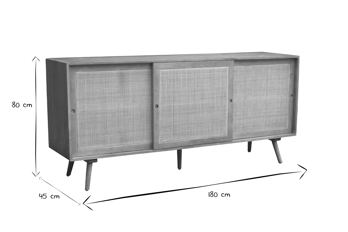 Credenza in legno massello di mango e motivo a intreccio in rattan 3 ante scorrevoli L180 cm ACANGE