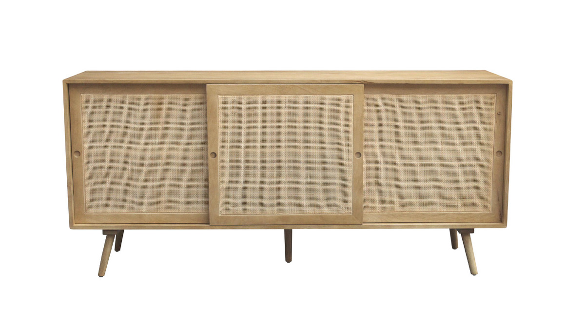 Credenza in legno massello di mango e motivo a intreccio in rattan 3 ante scorrevoli L180 cm ACANGE