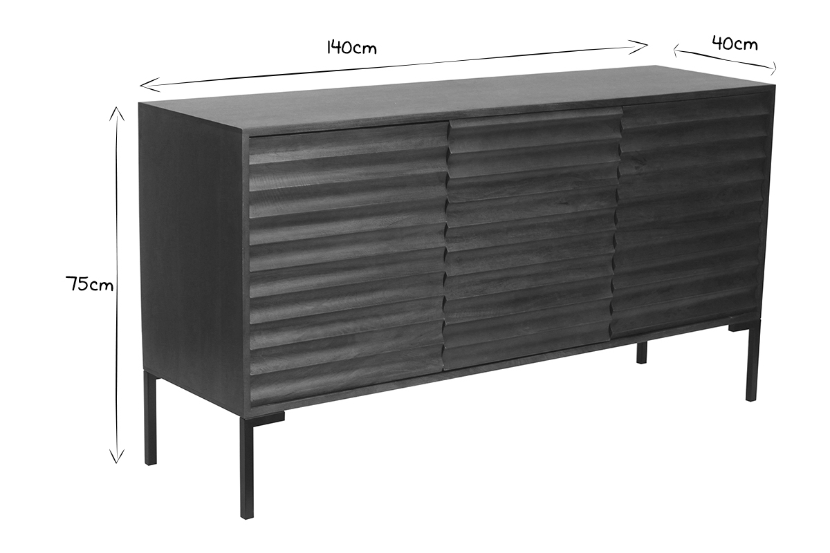 Credenza in legno scuro massello di mango e metallo nero 3 ante L140 cm ONDA