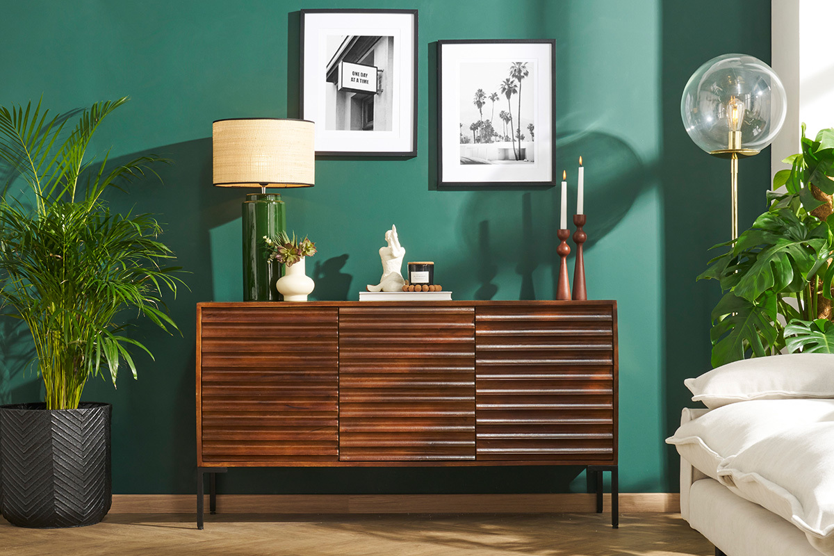 Credenza in legno scuro massello di mango e metallo nero 3 ante L140 cm ONDA