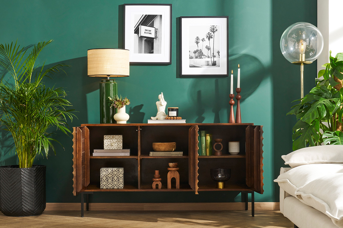 Credenza in legno scuro massello di mango e metallo nero 3 ante L140 cm ONDA