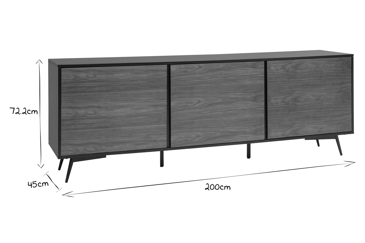 Credenza nero opaco e impiallacciatura noce 3 ante L200 cm MERMOZ