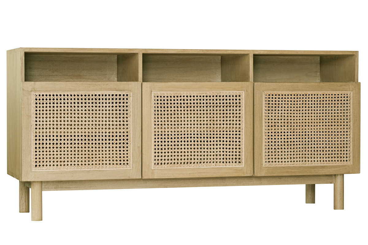 Credenza vintage in legno chiaro e paglia di Vienna rattan L160 cm GALINA