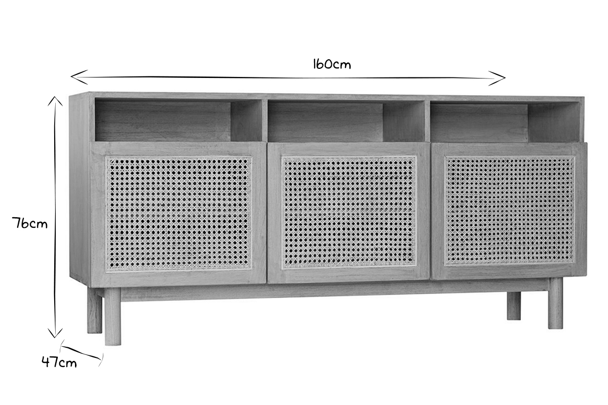 Credenza vintage in legno chiaro e paglia di Vienna rattan L160 cm GALINA